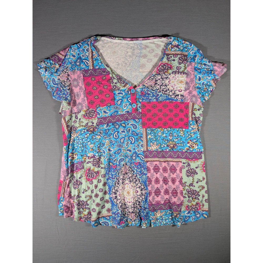 Boho Patchwork Paisley V-Neck Short Sleeve Top XXL Blue Pink Floral Rayon Blend